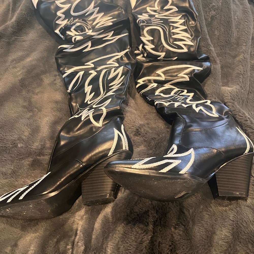 Black Embroidered Over-the-Knee Western Boots